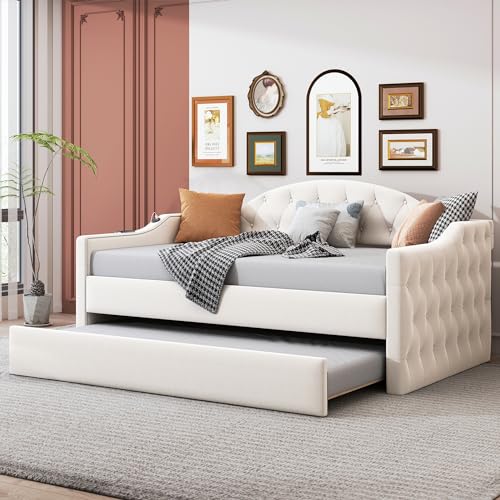 LOPOO Elegantes, getuftetes, gepolstertes Tagesbett in Doppelbettgröße für Komfort, Samtsofa mit USB- und Typ-C-Anschlüssen, funktional und stilvoll, Beige von LOPOO