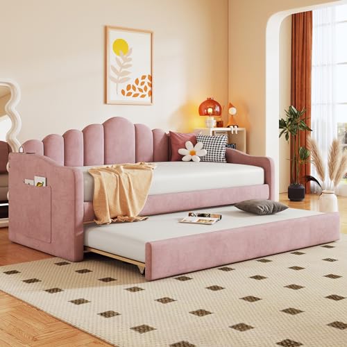 LOPOO Gepolstertes Tagesbett für Doppelbett, mit ausziehbarem Ausziehbett und USB-Ladeanschlüssen, Samt-Schlafsofa in Rosa von LOPOO