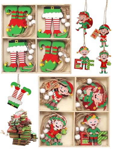 LOPOTIN 24STK Christbaumschmuck Holz Weihnachtswichtel Weihnachtsbaumschmuck Holzanhänger Weihnachten Baumschmuck Holz Weihnachtsanhänger Weihnachtsbaum Wichtel Ornament für Christmas Tree Tannenbaum von LOPOTIN