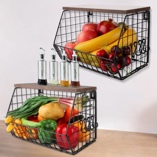 LOPYXBR 2 Stück Obstkorb Hängend Schwarz, 30x20x16cm Obstschale Hängekorb Küche, Hängender Obstkorb mit Holzdeckel Zur Aufbewahrung von Gemüse, Snacks und Obst von LOPYXBR