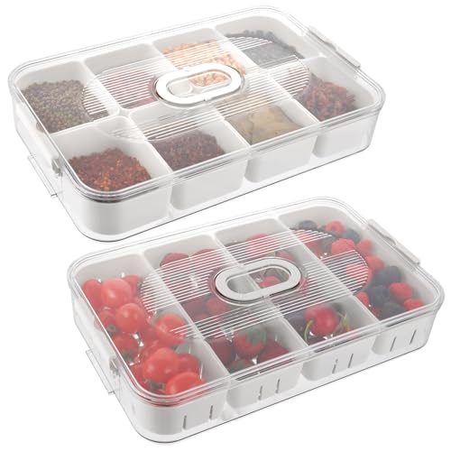 LOPYXBR 2 Stück Snackbox mit Fächern, Snack Aufbewahrungsbox, Snackschale mit Deckel mit 8+4 Fächern, snackteller mit fächern für Snacks, Obst, Nüsse und Gewürze(34x21,3x6cm, Weiß) von LOPYXBR