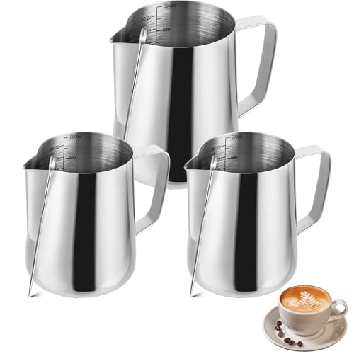 LOPYXBR 3 Stück Milchkännchen Edelstahl 350ml + 600ml Milchkanne mit Messung Mark und Latte Art Pen Milchkanne Edelstahl für Cappuccino Espresso Barista Kaffeeliebhabe von LOPYXBR