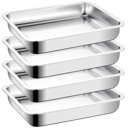 LOPYXBR 4 Stück Backblech Edelstahl, 27x20x4,8 cm Auflaufform Edelstahl, Rechteckig Auflaufform Ofenblech, Baking Tray für Backen/Braten/Servieren von LOPYXBR