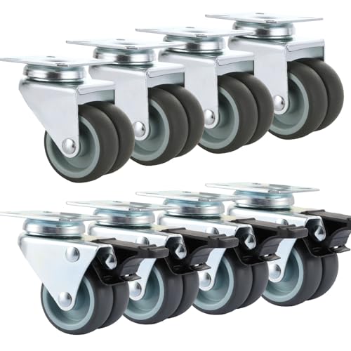 LOPYXBR 8 Stück Möbelrollen 50mm Schwerlastrollen Rollen mit Bremse bis 220KG Transportrollen Lenkrollen Doppelrollen für Möbel Drinnen und Draußen, aus TPR (4 mit Bremsen+4 ohne) von LOPYXBR