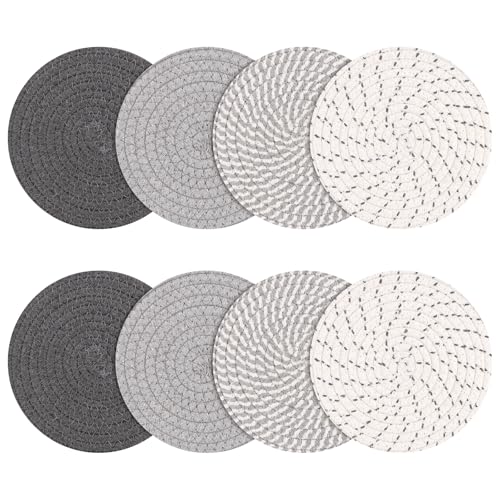 LOPYXBR 8 Stück Topfuntersetzer Set, 18cm Topfuntersetzer Hitzebeständig, Untersetzer Topf, Baumwolle Faden Weben Matte, 4 Farben Runde Isolierte Platzsets für Töpfe, Pfannen und Teller von LOPYXBR