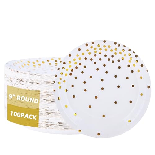 LOPYXBR Pappteller 100 Stück 23 cm Pappteller Gold Weiß Partygeschirr Papier Teller Party für Hochzeit, Abschlussfeier, Jubiläums, Geburtstag-Weiß mit Gold von LOPYXBR