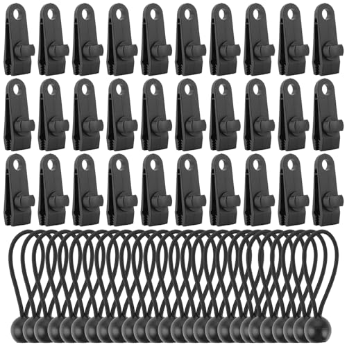 LOPYXBR Planenclips Set, 30 Stück Planenclips+30 Stück Spanngummis mit Kugel 15cm, Multifunktion Planenbefestigung, Planenspanner Tarp Clips Set, Zeltplanen Clips für Markisen, Camping von LOPYXBR