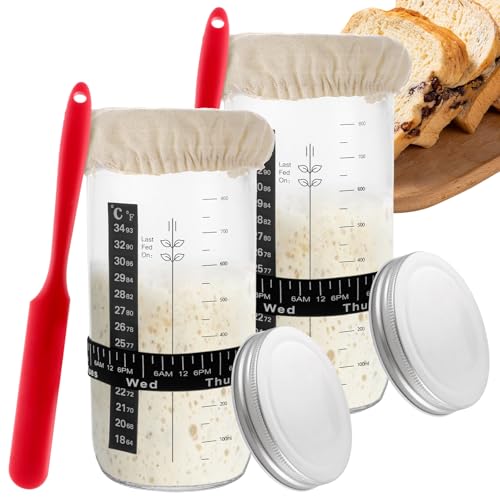 LOPYXBR Sauerteig Starter Set 1000ml, 2er-Pack Sauerteig Glas mit Skala, Gärglas mit Spachtel und Thermometer, Brot Backen Zubehör, Sauerteig Behälter Glas von LOPYXBR