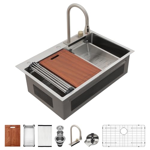 Lordear Küchenspüle, 84 cm, Wasserfall-Arbeitsplatz, 33 x 22 x 10, Edelstahl, 16 Gauge, Einzelbecken mit Glasspüler, Wasserhahn und integriertem Zubehör Lordear Küchenspüle, 84 cm, Wasserfall-Arbeitsplatz, 33 x 22 x 10, Edelstahl, 16 Gauge, Einzelbecken mit Glasspüler, Wasserhahn und integriertem Zubehör von LORDEAR