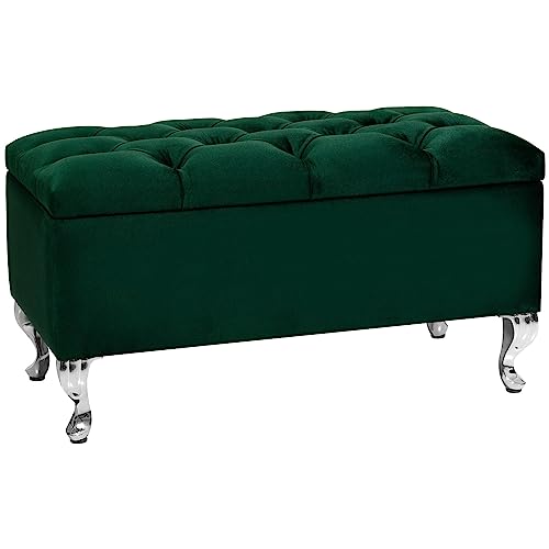 LORDLY Sitzbank mit Stauraum MODIANO 81x42cm – Velourstof, Sitztruhe, Aufbewahrungsbox, Polsterbank mit Samtbezug für Wohnzimmer, Schlafzimmer, Diele, max. 300 kg (Beine Chrom, Grün) von LORDLY