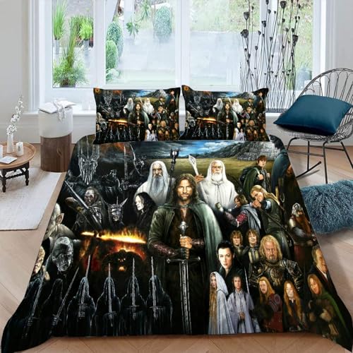 LORDOS Bettwäsche 200x200 3teilig Herr der Ringe - aus Mikrofaser bügelfrei & knitterfrei Bettbezug 200 x 200 Set mit 80x80 cm Kissenbezug 2er Set Bettwasche mit Reißverschluss von LORDOS