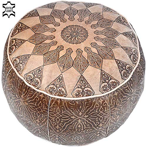 Orientalische Sitzkissen Pouf aus echtem Leder Orientalisch Gefüllt Hellbraun Ø 49 cm Vintage marokkanischer Hocker Sitzhocker Fußhocker Sitzpouf Sitzpuff Fußstütze Ledersitzkissen Kissen aus Marokko von LORIENT - Das Tor zum Orient - Generisch