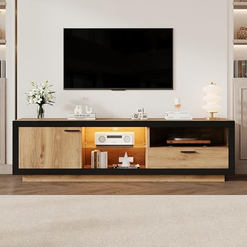 LED TV Schrank, TV-Kommode, Modernes Lowboard TV-Unterhaltungszentrum mit Glasböden für Wohnzimmer, TV-Konsole mit Lagerung, Gaming Media Cabinet für 70/65/55 Zoll TVs Schwarz+Eiche von LORISMAI