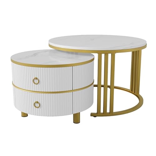 LORISMAI 2-in-1 runder MDF-Couchtisch, Beistelltisch mit glänzender Platte und 1 weißer Marmorplatte, Wohnzimmer-Couchtischkombination mit 2 Schubladen, 70 * 70 * 46 + 50 * 50 * 40 cm-Weiß LORISMAI 2-in-1 runder MDF-Couchtisch, Beistelltisch mit glänzender Platte und 1 weißer Marmorplatte, Wohnzimmer-Couchtischkombination mit 2 Schubladen, 70 * 70 * 46 + 50 * 50 * 40 cm-Weiß von LORISMAI