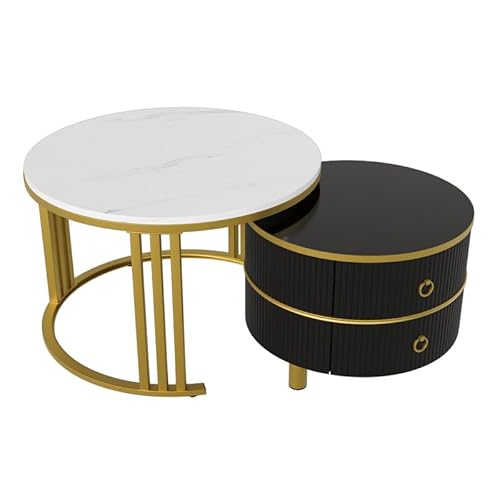 LORISMAI 2-in-1 runder MDF-Couchtisch, Beistelltisch mit glänzender Platte und 1 weißer Marmorplatte, Wohnzimmer-Couchtischkombination mit 2 Schubladen, 70 * 70 * 46 + 50 * 50 * 40cm-Schwarz LORISMAI 2-in-1 runder MDF-Couchtisch, Beistelltisch mit glänzender Platte und 1 weißer Marmorplatte, Wohnzimmer-Couchtischkombination mit 2 Schubladen, 70 * 70 * 46 + 50 * 50 * 40cm-Schwarz von LORISMAI
