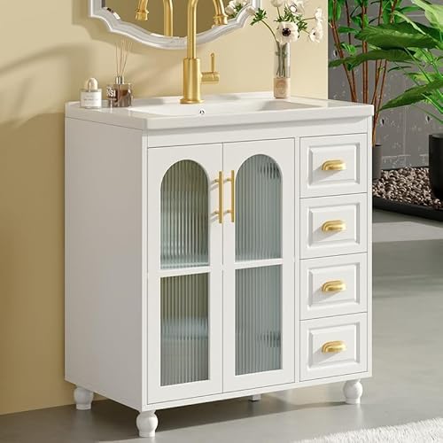 LORISMAI Bodenstehender Badezimmerschrank-Badmöbel Einzel Waschtisch mit Unterschrank 80cm mit Keramik-Waschbecken,weiß von LORISMAI