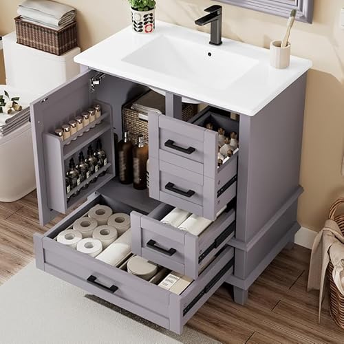 LORISMAI Bodenstehender Badezimmerschrank mit Waschbecken, Waschtisch, Volllackierung, Türregal, DREI geräuschlose Schubladen, 76x46x83.5cm, Grau LORISMAI Bodenstehender Badezimmerschrank mit Waschbecken, Waschtisch, Volllackierung, Türregal, DREI geräuschlose Schubladen, 76x46x83.5cm, Grau von LORISMAI