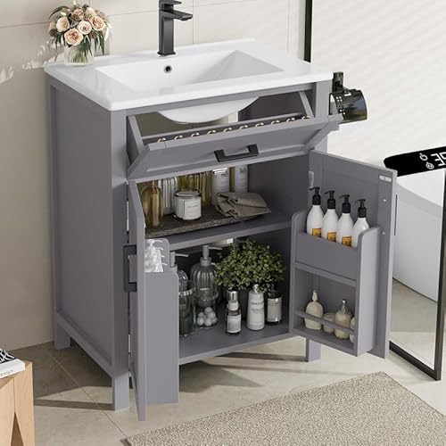 LORISMAI Bodenstehender Badezimmerschrank mit Waschbecken,Waschtisch,Volllackierung, Doppeltürregale, praktische Schubladen, 60 x 46 x 84.8 cm,Grau LORISMAI Bodenstehender Badezimmerschrank mit Waschbecken,Waschtisch,Volllackierung, Doppeltürregale, praktische Schubladen, 60 x 46 x 84.8 cm,Grau von LORISMAI