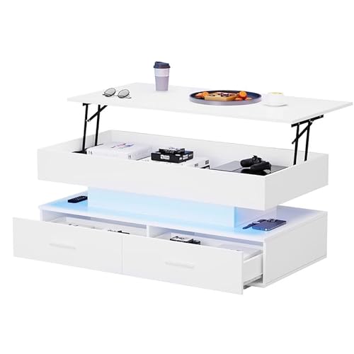 LORISMAI Couchtisch 100x50x44cm hydraulisch höhenverstellbarer, mit LED-Beleuchtung, Bluetooth-APP-Steuerung, 2 Schubladen und offenem Stauraum,Weißer von LORISMAI