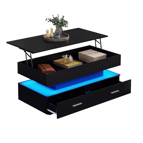 LORISMAI Couchtisch 100x50x44cm hydraulisch höhenverstellbarer, mit LED-Beleuchtung, Bluetooth-APP-Steuerung, 2 Schubladen und offenem Stauraum,schwarzer von LORISMAI