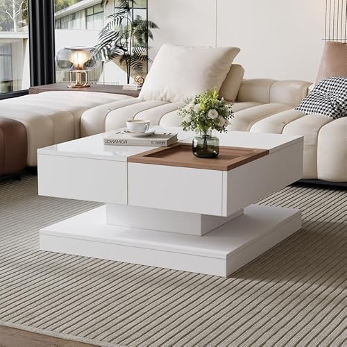LORISMAI Couchtisch Anhebbarer Multifunktionstisch, Sofatisch mit 4 Fächern, Wohnzimmertisch in Hochglanz, Beistelltisch, kaffeetisch mit Tablett, Geometrischer Tisch, weiß + Holzfarbe von LORISMAI