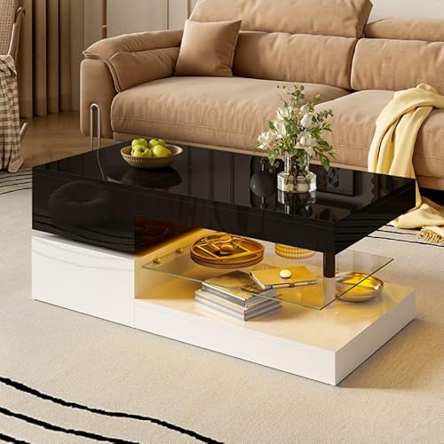 LORISMAI Couchtisch mit LED-Ambientebeleuchtung, APP- und Bluetooth-Steuerung, Glasablage & Hochglanz-Oberfläche, Schwarz-Weiß-Design für Wohnzimmer, 90x45x35.5cm von LORISMAI
