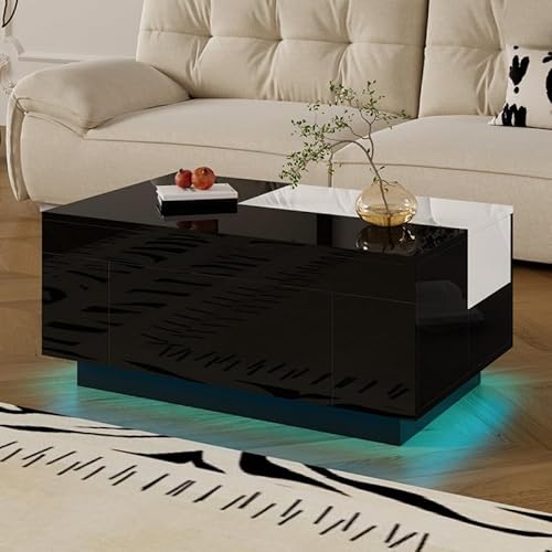 LORISMAI Couchtisch mit LED-Beleuchtung, ausziehbarer schwarz-weißer Tischplatte, verstecktem Stauraum und 16-farbig einstellbarem Lichtband von LORISMAI