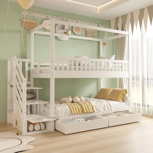 LORISMAI Etagenbett Kinderbett, 90 * 200 cm,Massivholz-Doppelbett, Hausform,Sicherheitsgeländer-Design, Mit Staufach und Sicherheitsleiter,Weiß LORISMAI Etagenbett Kinderbett, 90 * 200 cm,Massivholz-Doppelbett, Hausform,Sicherheitsgeländer-Design, Mit Staufach und Sicherheitsleiter,Weiß von LORISMAI