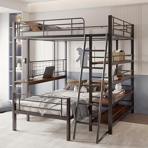 LORISMAI Etagenbett Metallrahmen Hochbett 140 * 200, Multifunktionsbett mit Mehreren Ablagefächern, Schwarz von LORISMAI