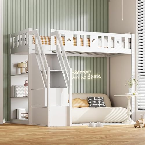 LORISMAI Hochbett 90 * 200 cm, mit Stauraumleiter und Regalen, Einzelholzbett, Jugendbett, Kinderbett, Massivholzrahmen, weiß von LORISMAI