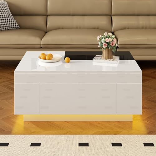 LORISMAI Hochglanz-Couchtisch mit LED-Beleuchtung, ausziehbarer schwarz-weißer Tischplatte, verstecktem Stauraum und 16-farbig einstellbarem Lichtband von LORISMAI