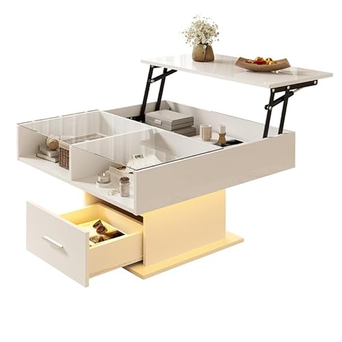 LORISMAI Hochglanz-Lift-Couchtisch mit LED-Beleuchtung, Verstellbarer Höhe & flexiblem Stauraum – modernes Design für Wohnzimmer,Multifunktionaler-Weiß von LORISMAI