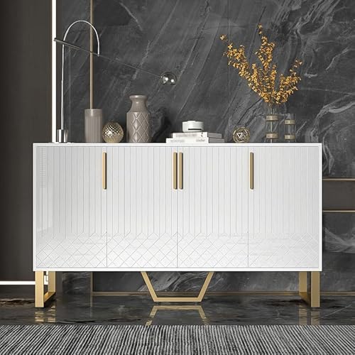 LORISMAI Hochglanz-Sideboard, 4 Türen, Metallgriffe und -Beine, geometrisches Design in Weiß, 140L*40B*80H von LORISMAI
