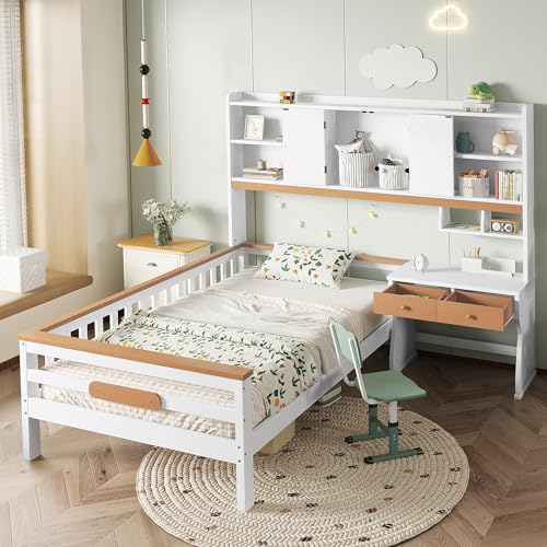 LORISMAI Kinderbett, mit Stauraumschrank, mit Tisch und Schubladen, Mit Schutzplatte und Lattenroste, L-Struktur, Weiß+Natur, 90x200cm von LORISMAI