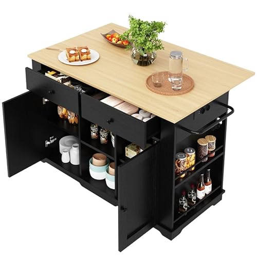 LORISMAI Kücheninsel, Küchenwagen mit Steckdosenleiste ausgestattet, Küchenschrank, Servierwagen mit arbeitsplatte, buffetschrank, Speisewagen mit Holzmaserung,Schwarz von LORISMAI