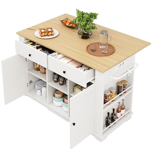 LORISMAI Kücheninsel, Küchenwagen mit Steckdosenleiste ausgestattet, Küchenschrank, Servierwagen mit arbeitsplatte, buffetschrank, Speisewagen mit Holzmaserung,weiß von LORISMAI
