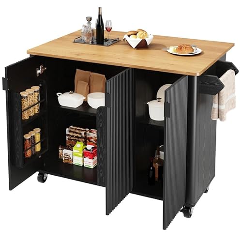 LORISMAI Kücheninsel, Speisewagen mit Holzmaserung, Buffet, 130x45(75) x92cm, Ausziehbarer Küchenwagen auf Rädern mit Handtuchhalter, Gewürzregal, Trennwände verstellbar, 3 Türen, schwarz von LORISMAI