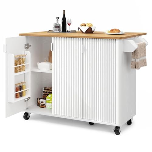 LORISMAI Kücheninsel, Speisewagen mit Holzmaserung, Buffet, 130x45(75) x92cm, Ausziehbarer Küchenwagen auf Rädern mit Handtuchhalter, Gewürzregal, Trennwände verstellbar, 3 Türen, weiß von LORISMAI