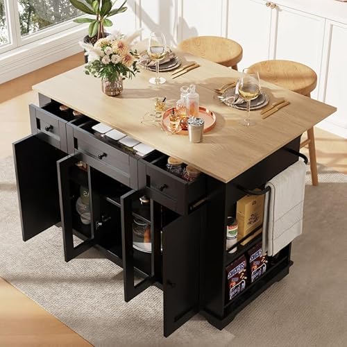 LORISMAI Kücheninsel, abnehmbare Trennwände, Küchenschrank, Esszimmerwagen mit Arbeitsplatte, Buffetschrank,Holzmaserung, Buffetschrank, Schrank aus gehärtetem Glas, Schwarz von LORISMAI