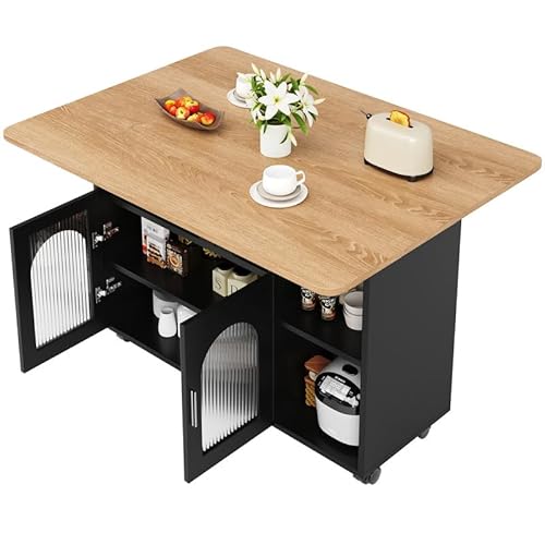 LORISMAI Kücheninsel,Modernes Küchenschrank, Abnehmbare Servierwagen buffetschrank, Speisewagen mit Holzmaserung,Multifunktionale Esstisch mit Speicherraum, Schwarz von LORISMAI