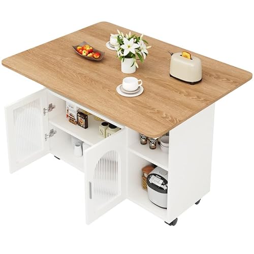 LORISMAI Kücheninsel,Modernes Küchenschrank, Abnehmbare Servierwagen buffetschrank, Speisewagen mit Holzmaserung,Multifunktionale Esstisch mit Speicherraum, Weiß von LORISMAI