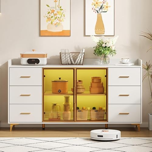 LORISMAI Küchenschrank - Sideboard - 6 Schubladen -Glastüren - Fernbedienbare LED-Beleuchtung/Stimmungsbeleuchtung und goldene Metallgriffe,160×44×87cm,weiß,moderner von LORISMAI