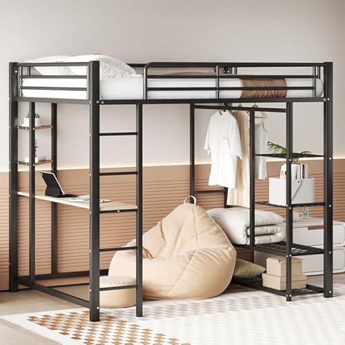 LORISMAI Metall-Hochbett mit Leiter 140 * 200 cm, Juniorbett Doppelbett mit Tisch mit einfachen Kleiderbügeln mit Ablagefächern, Schwarz von LORISMAI