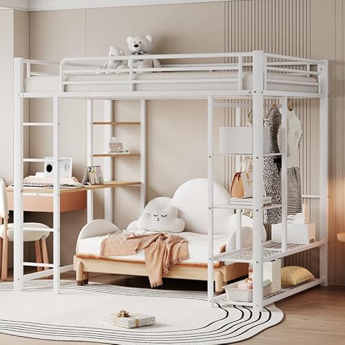 LORISMAI Metall-Hochbett mit Leiter 140 * 200 cm, Juniorbett Doppelbett mit Tisch mit einfachen Kleiderbügeln mit Ablagefächern, Weiß von LORISMAI