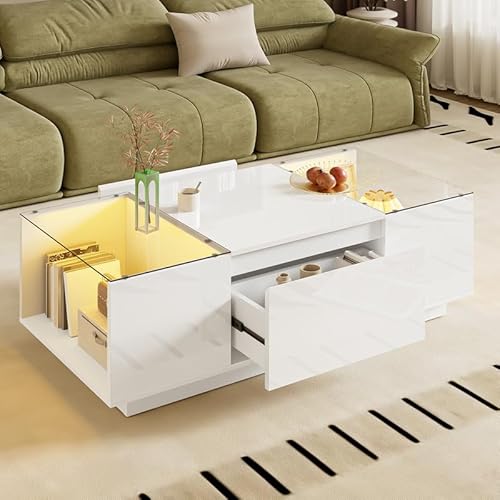 LORISMAI Minimalistischer Couchtisch mit Stauraum, 105 cm moderner, LED-Stimmungsbeleuchtung, Glasplatte und 2 Schubladen-Weiß von LORISMAI
