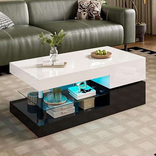 LORISMAI Moderner Couchtisch mit LED-Ambientebeleuchtung, APP- und Bluetooth-Steuerung, Glasablage & Hochglanz-Oberfläche, Schwarz-Weiß-Design für Wohnzimmer, 90x45x35,5 cm von LORISMAI