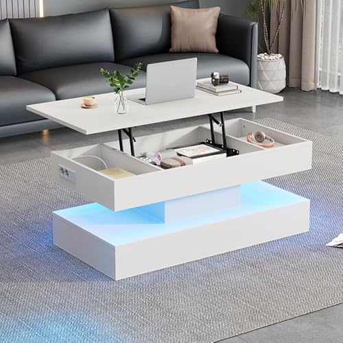 LORISMAI Moderner Couchtisch mit LED-Beleuchtung und verstecktem Stauraum - Beistelltisch mit hydraulischem Hub,100x50x42cm,weißer von LORISMAI