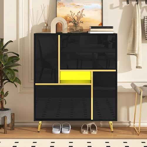 LORISMAI Moderner Schuhschrank, schwarzer Schuhschrank mit Hochglanzfront und 16-farbigem LED-Licht (80 x 25 x 96 cm) von LORISMAI