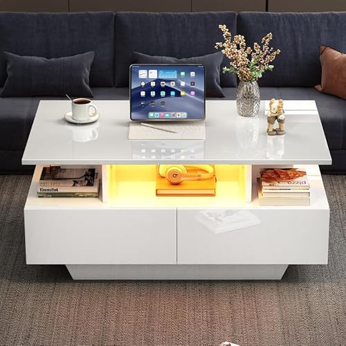 LORISMAI Modernes Hochglanz-Couchtisch mit LED-Beleuchtung und 2 Schubladen – Stilvoller 90x55x41 cm Beistelltisch mit Stauraum, Belastbar bis 30 kg von LORISMAI