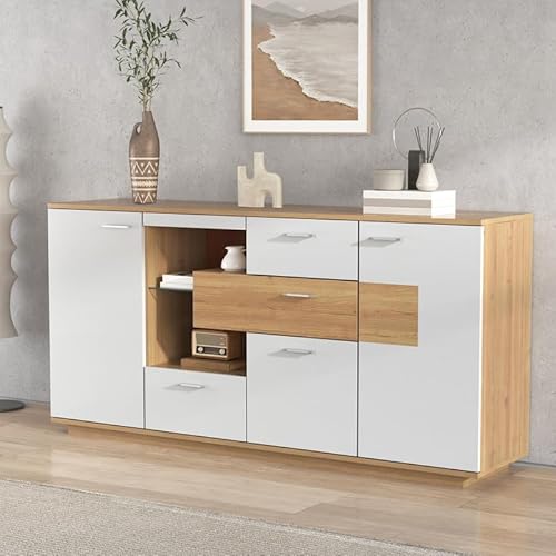 LORISMAI Modernes Sideboard-Schrank mit viel Stauraum, mit LED-Beleuchtung, 160x40x77cm, 2 Türen, 4 Schubladen, Glasablage, Holzoptik, Weiß,Wohnzimmermöbel LORISMAI Modernes Sideboard-Schrank mit viel Stauraum, mit LED-Beleuchtung, 160x40x77cm, 2 Türen, 4 Schubladen, Glasablage, Holzoptik, Weiß,Wohnzimmermöbel von LORISMAI
